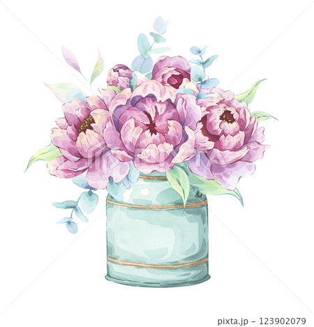 Pink watercolor peonies and eucalyptus in a metal can 123902079