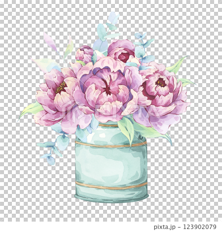 Pink watercolor peonies and eucalyptus in a metal can 123902079