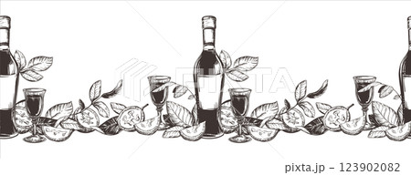 Bottle of Italian liqueur Nocino, glass with aperitif. Vector seamless pattern in engraving technique. Unripe walnut seeds whole and halves, leaves and branches. Linear sketch in black ink. Bottle of Italian liqueur Nocino, glass with aperitif. Vector seamless pattern in engraving technique. Unripe walnut seeds whole and halves, leaves and branches. Linear sketch in black ink. 123902082