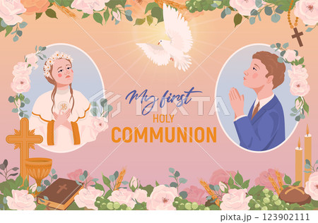 Invitation for First Communion. Vector church attributes. Boy and girl praying. Grail, church bread, wine, Bible, rosary, crucifix, flowers, decorated altar. Symbols of Christian faith. Invitation for First Communion. Vector church attributes. Boy and girl praying. Grail, church bread, wine, Bible, rosary, crucifix, flowers, decorated altar. Symbols of Christian faith. 123902111