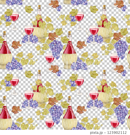 Retro style wine list background. Seamless watercolor pattern. Red wine bottles in a wicker basket and purple grapes. Illustration of a jug woven from a straw rod and a glass of red wine. 123902112