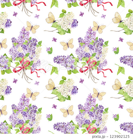 Seamless background with white and purple lilacs wrapped in pink silk ribbons. Watercolor spring flowers in botanical style. Hand drawing for printing on fabric, wrapping paper. 123902125