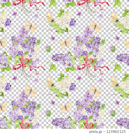 Seamless background with white and purple lilacs wrapped in pink silk ribbons. Watercolor spring flowers in botanical style. Hand drawing for printing on fabric, wrapping paper. 123902125