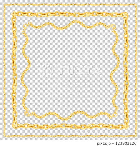 Square watercolor frame of golden chains. Luxury metallic shiny accessory isolated on background. Clipart for luxury baroque design. Round ring chain in vintage style. 123902126