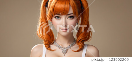 オレンジ色の髪のツインテール美女　Orange haired twin tail beauty 123902209