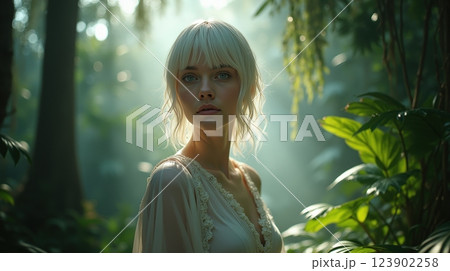 Portrait of a woman in a lush forest bathed in soft sunlight during the early morning hours Portrait of a woman in a lush forest bathed in soft sunlight during the early morning hours 123902258
