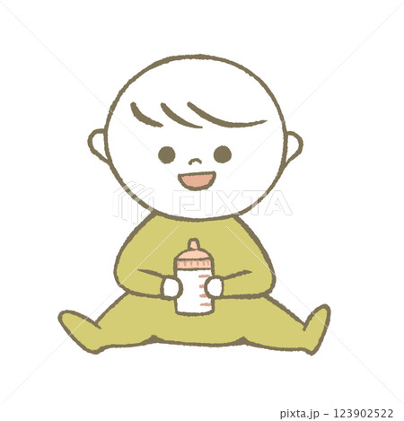 哺乳瓶を持つ赤ちゃん 黄色 哺乳瓶を持つ赤ちゃん 黄色 123902522