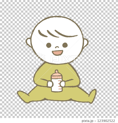 哺乳瓶を持つ赤ちゃん 黄色 哺乳瓶を持つ赤ちゃん 黄色 123902522