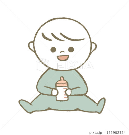 哺乳瓶を持つ赤ちゃん　水色 123902524