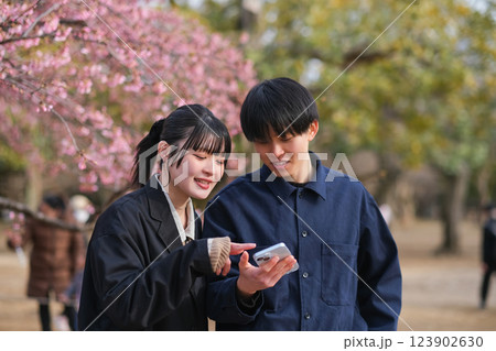 スマートフォンを見ながら話をする若いカップル スマートフォンを見ながら話をする若いカップル 123902630