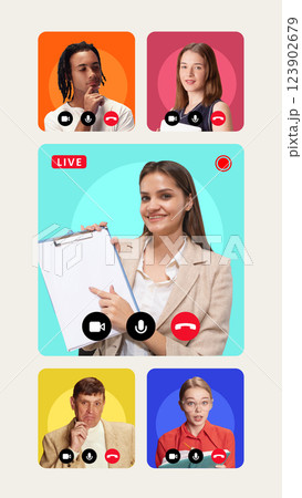 Online presentation. Businesswoman hosting live webinar, engaging with virtual team, sharing knowledge and presenting ideas 123902679