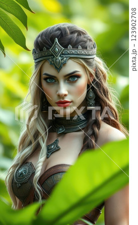 a close up of a woman wearing a costume with a crown on her head 123902708