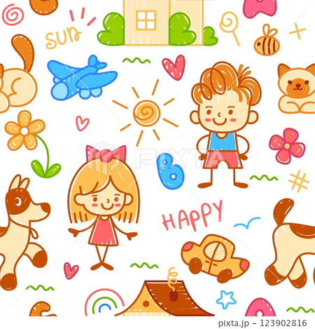 Child painting pattern. Creative kids painting seamless print with sun, cloud, dog, cat. Wallpaper with doodle pencil illustration. Vector crayon background Child painting pattern. Creative kids painting seamless print with sun, cloud, dog, cat. Wallpaper with doodle pencil illustration. Vector crayon background 123902816