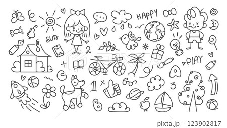 Doodle kids drawings. Hand drawn cute child pencils pictures about kid life, home, pets, dreams. Sketch black and white pastel painting illustration. Childish vector collection Doodle kids drawings. Hand drawn cute child pencils pictures about kid life, home, pets, dreams. Sketch black and white pastel painting illustration. Childish vector collection 123902817