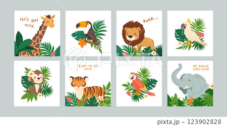 Jungle animals posters. Cute Africa animals card. Funny baby wild lion, elephant, monkey, toucan, bird with leaves, flowers. Banner for kids room, kindergarten. Vector set 123902828