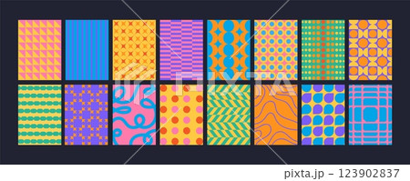 Geometric poster. Abstract texture background. Minimal repeating print with various shapes, forms, figures, strokes, lines. Modern pattern banner. Vintage textured vector set 123902837