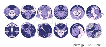 Zodiac signs. Horoscope symbols. Twelve astrological constellations. Spirituality, personal identity. Aries Taurus Gemini Cancer Leo Virgo Scorpio Pisces. Vector set 123902856