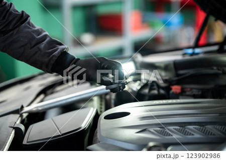 Serviceman checks the oil level in a car engine Serviceman checks the oil level in a car engine 123902986