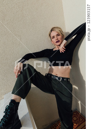 Beautiful fashion blonde woman in military clothes Beautiful fashion blonde woman in military clothes 123903157