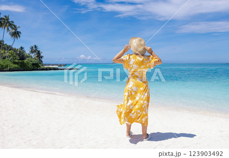 A young woman in a light floral print dress and a straw hat stands on the beach and looks at the seascape. A girl enjoys a vacation on tropical islands. View from back. A young woman in a light floral print dress and a straw hat stands on the beach and looks at the seascape. A girl enjoys a vacation on tropical islands. View from back. 123903492