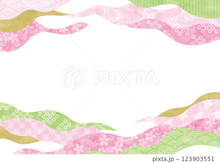 可愛く優しいピンクの桜や和柄の波フレーム水彩 可愛く優しいピンクの桜や和柄の波フレーム水彩 123903551