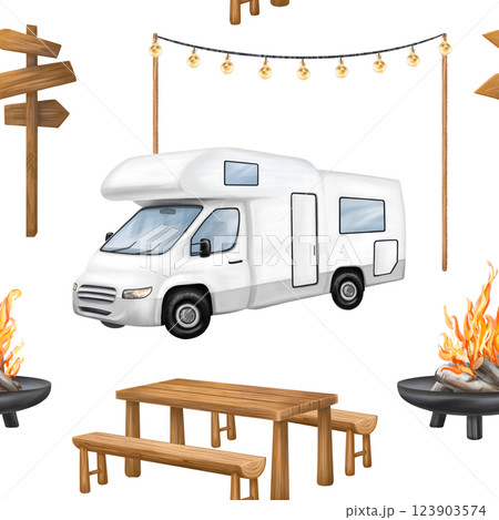 Seamless pattern with campground, wooden picnic table, white motorhome and campfire in forest among the cozy lamps. A tourist trip to nature, parks and nature reserves. Isolated illustration 123903574