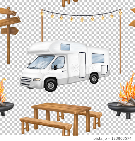 Seamless pattern with campground, wooden picnic table, white motorhome and campfire in forest among the cozy lamps. A tourist trip to nature, parks and nature reserves. Isolated illustration 123903574