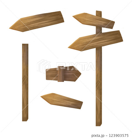 An index post made of wood with directional arrows. A billboard for announcements, addresses, and directions. Signage for campgrounds, nature parks, forests, and hiking trails. Isolated illustration 123903575