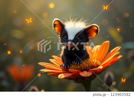 Mischievous Creature Perched on a Vibrant Flower Amidst Gentle Butterflies Mischievous Creature Perched on a Vibrant Flower Amidst Gentle Butterflies 123903582