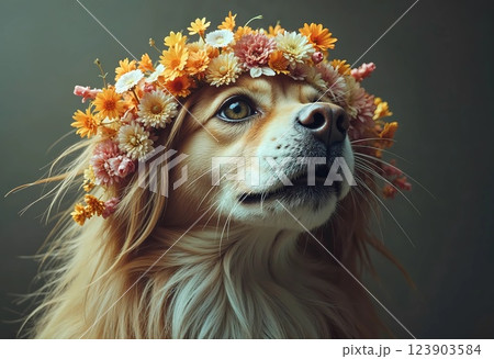 Golden Retriever Adorned With a Floral Crown Brings Charm and Joy to the Moment Golden Retriever Adorned With a Floral Crown Brings Charm and Joy to the Moment 123903584