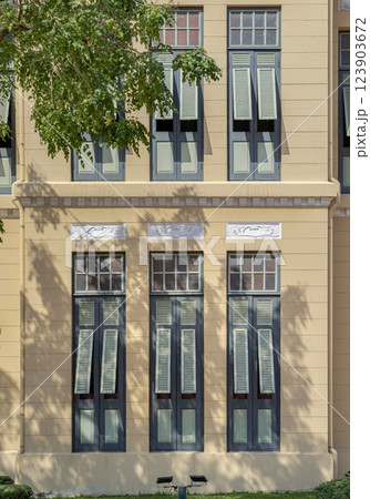The Sunlight shines through Multiple green wooden louvered window shutters on cement wall. 123903672