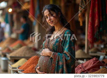 Pregnant Woman in a Vibrant Market Filled With Spices and Textiles During Early Morning Light 123903779
