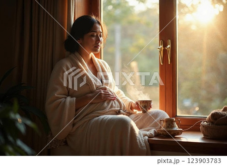 Quiet Moments of Reflection by the Window With a Warm Cup of Tea at Sunset 123903783