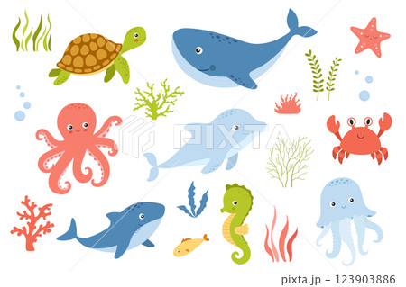 Sea animals set, cartoon ocean cute character isolated illustration, hand drawn vector clipart for kids Sea animals set, cartoon ocean cute character isolated illustration, hand drawn vector clipart for kids 123903886