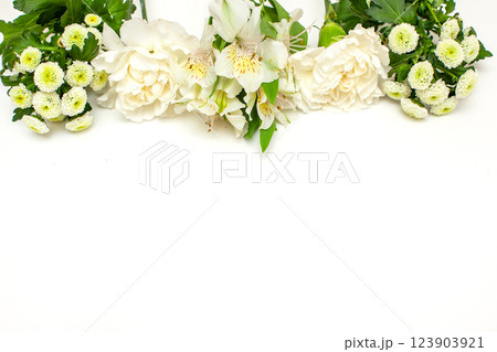 Styled stock photo. Feminine wedding desktop mockup with baby's breath Gypsophila flowers, dry green eucalyptus leaves, satin ribbon and white background. Empty space. Top view. Picture for blog Styled stock photo. Feminine wedding desktop mockup with baby's breath Gypsophila flowers, dry green eucalyptus leaves, satin ribbon and white background. Empty space. Top view. Picture for blog 123903921
