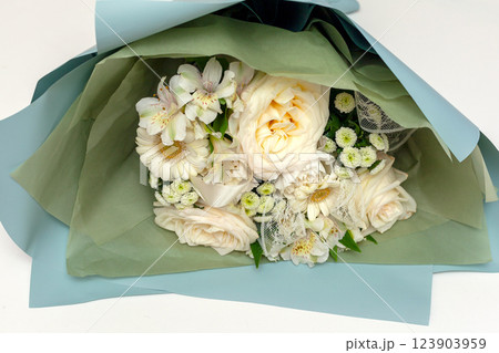 Bouquet of beautiful flowers on white background 123903959