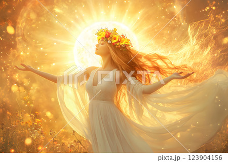 神秘的な森で光を操る女神、スピリチュアルの世界 神秘的な森で光を操る女神、スピリチュアルの世界 123904156