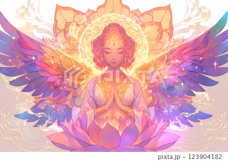 蓮の上で瞑想する仏陀の幻想的なスピルチュアル世界 123904182