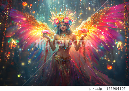 光輝く虹色の翼を持つ神秘的な女神 光輝く虹色の翼を持つ神秘的な女神 123904195