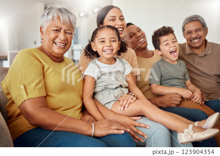 Grandparents, parents and children being happy, smile or laugh on sofa in living room for bonding, embrace or for loving. Family, mother or father with kids for happiness, together or on lounge couch Grandparents, parents and children being happy, smile or laugh on sofa in living room for bonding, embrace or for loving. Family, mother or father with kids for happiness, together or on lounge couch 123904354