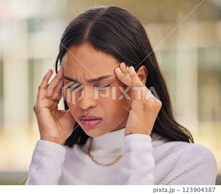 Woman, face and stress headache in city from startup, creative company or small business fail. Face, mental health and anxiety business student with burnout from education, learning or study pressure 123904387