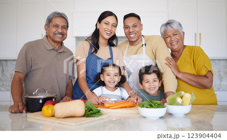 Family, cooking and vegetable, learning and teaching, development and growth, generations together in home. Health, nutrition and kitchen, grandparents and parents, children and life skill portrait. Family, cooking and vegetable, learning and teaching, development and growth, generations together in home. Health, nutrition and kitchen, grandparents and parents, children and life skill portrait. 123904404
