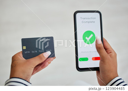 Phone screen, credit card and woman hands for digital transaction, online shopping and ecommerce application technology with mock up for marketing. Smartphone, banking and customer on web fintech ux 123904485