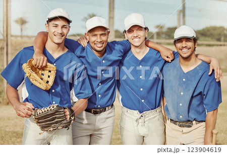 Baseball player, baseball and team, sport on baseball field, young men smile in portrait, fitness and exercise with sports game. Athlete, happy and glove, workout and training, happy about match. 123904619