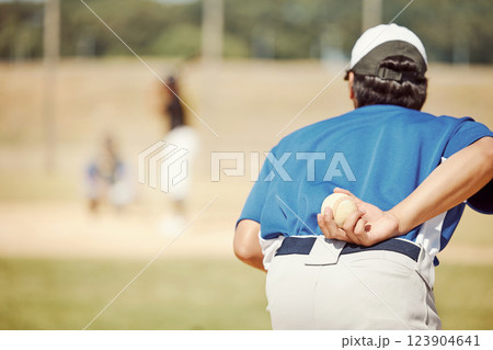 Sports, baseball pitch and pitcher with ball, ready to throw to player with bat. Fitness, exercise and athlete focus on baseball field for training, practice or softball game and determination to win Sports, baseball pitch and pitcher with ball, ready to throw to player with bat. Fitness, exercise and athlete focus on baseball field for training, practice or softball game and determination to win 123904641