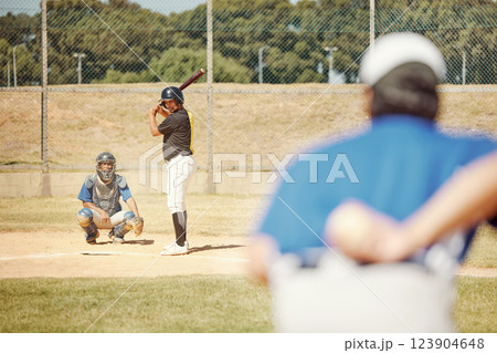 Team, baseball and pitch in sports game for exercise, collaboration and player with bat ready to hit ball. Teamwork, fitness and athletes on baseball field for training, practice or softball match 123904648