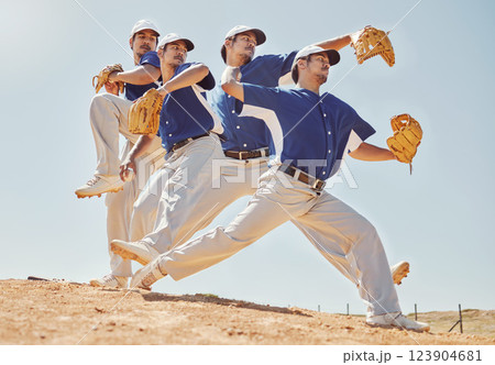 Men pitcher, baseball and athletes training for a sports game together on an outdoor field. Fitness, workout and friends practicing to pitch or throw a ball with a glove for a workout or exercise. 123904681