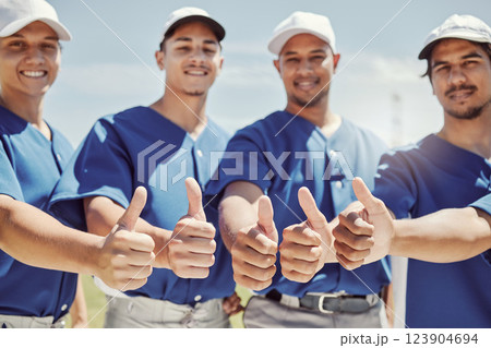 Thumbs up, sports and baseball with team on field for training, fitness and support together. Happy, thank you and winner with hands of baseball player for goals, teamwork and motivation workout Thumbs up, sports and baseball with team on field for training, fitness and support together. Happy, thank you and winner with hands of baseball player for goals, teamwork and motivation workout 123904694