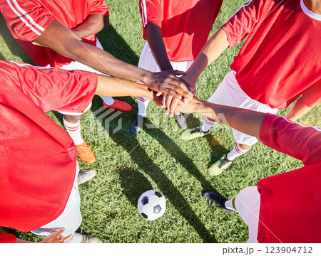Soccer, team and hand in stack on field for motivation, support and teamwork at game, contest or match. Football, group and soccer player on pitch together with hands for goal, success and sports Soccer, team and hand in stack on field for motivation, support and teamwork at game, contest or match. Football, group and soccer player on pitch together with hands for goal, success and sports 123904712