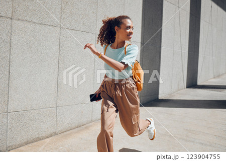 Woman, travel and city with backpack, running and street for holiday, vacation or traveling. Black woman, tourist and outdoor in urban, metro or town in summer, sunshine and smile in Cape Town 123904755